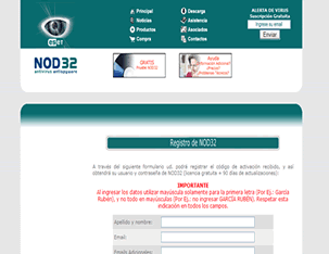 Desarrollo de Sitios Web realizado por Vousys de NOD32 ARGENTINA - SISTEMA DE REGISTRACIONES ON-LINE